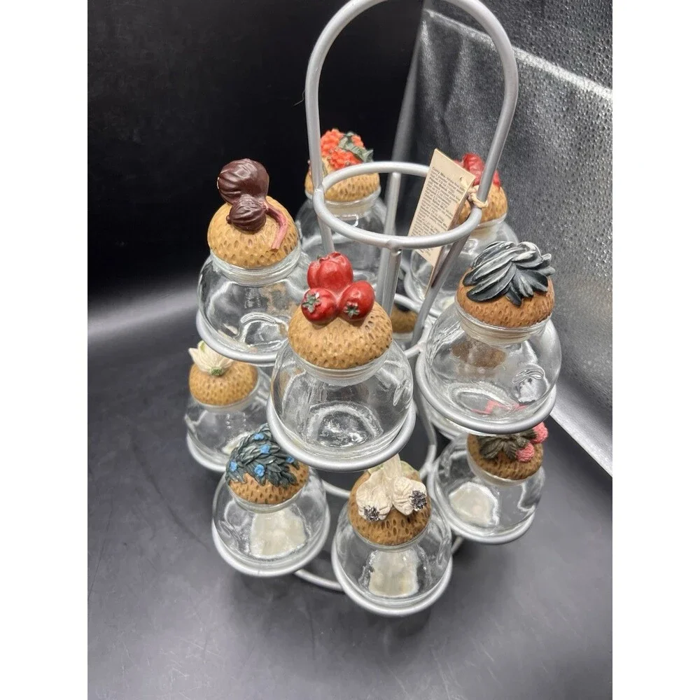 12 Collectible Vintage Shonfeld's Glass Spice Jars with Resin Cork Lids & Stand